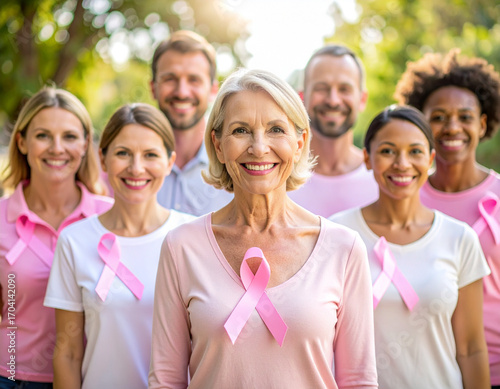 Group of Smiling People Wearing Pink Ribbons for Breast Cancer Awareness in Park