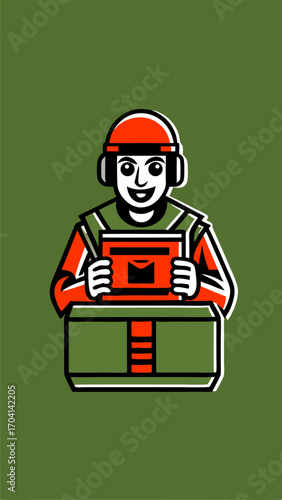 A person unboxing new tech minimalistic image. Flat style. Vector illustration.