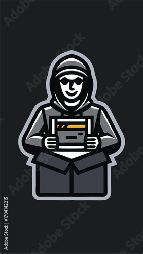 A person unboxing new tech minimalistic image. Flat style. Vector illustration.