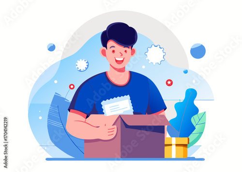 A person unboxing new tech image. Cartoon style. Vector illustration.