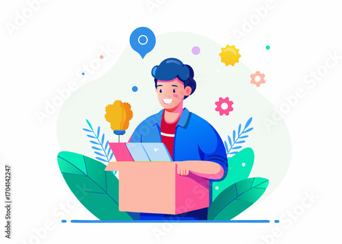 A person unboxing new tech image. Cartoon style. Vector illustration.