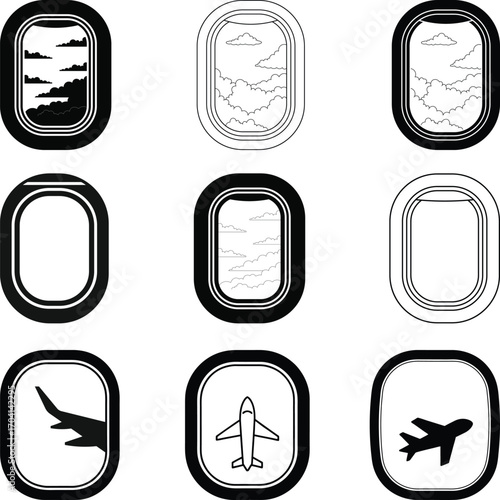 Airplane Windows Icons Set, Airplane Window Bundle, Aircraft window travel conception symbol illustration