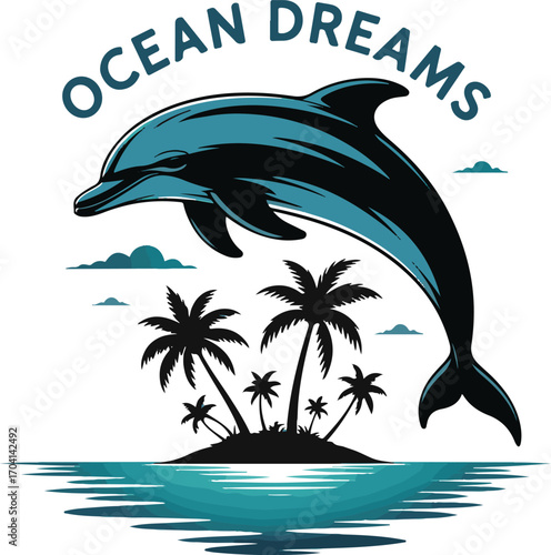 Dolphin jumping over tropical island with palm trees and ocean waves