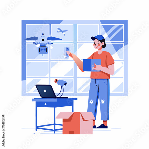 A person unboxing new tech. Flat style. Vector illustration.