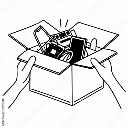 A person unboxing new tech outline simple image. Flat style. Vector illustration.