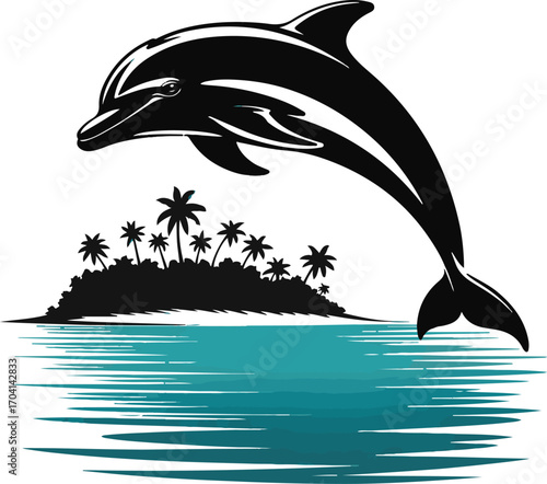 Dolphin leaping from ocean water near tropical island with palm trees