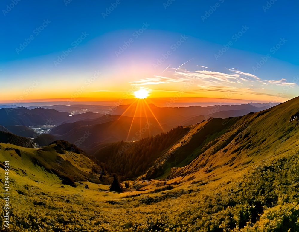 Obraz premium Panoramic mountain sunrise view