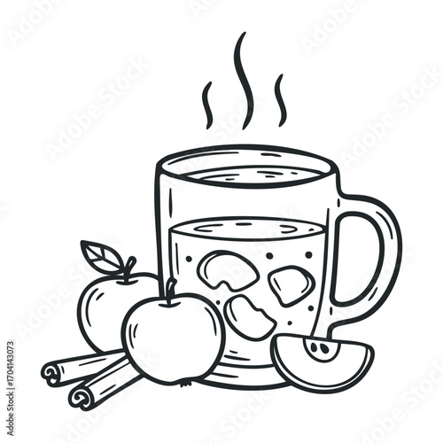 Warm cinnamon apple drink recipe kitchen beverage illustration cozy environment top view autumn concept. Vector illustration