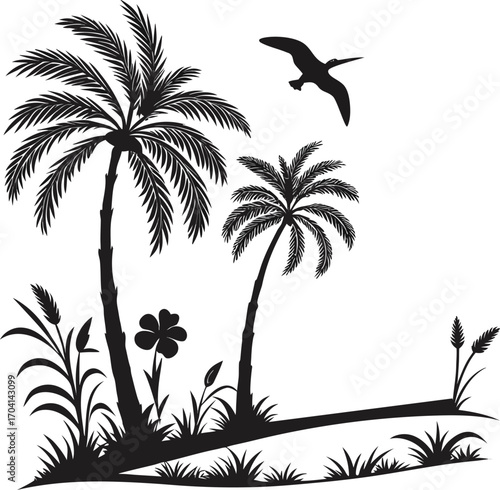 A captivating black silhouette of tropical palm trees, lush greenery, and a seagull in flight against a pure white background