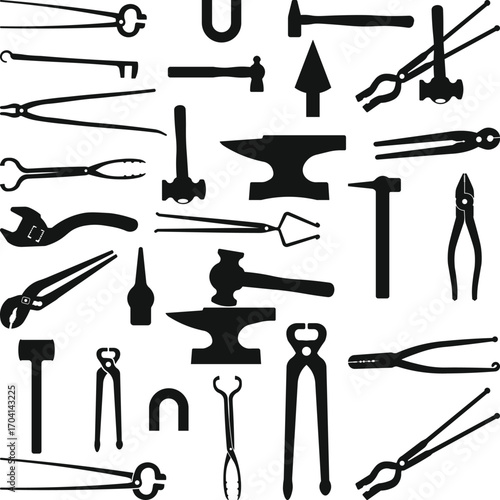 Blacksmith Tools Silhouette Set, Forging tools signs collection isolated on white background