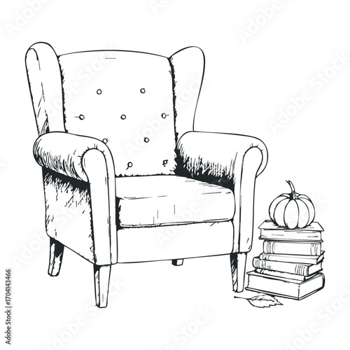 Cozy reading nook with vintage armchair and books home interior illustration minimalist style. Vector illustration