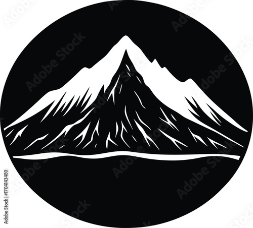 Monochrome mountain peak illustration in a circle for logo or icon design on white background