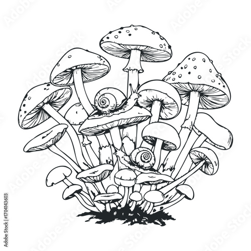 Mushroom growth with snails forest floor black and white illustration natural environment close-up view nature art. Vector illustration