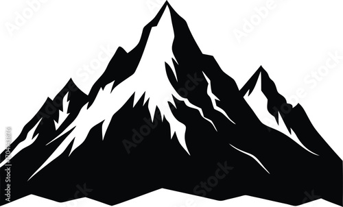 Black and white mountain range silhouette with snow covered peaks illustration on white background