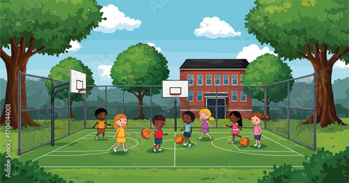 Group of Children Playing Basketball on Outdoor Court Vector, School Playground Activity Scene, Fun Sports Illustration for Educational, Recreational, or Digital Design Projects