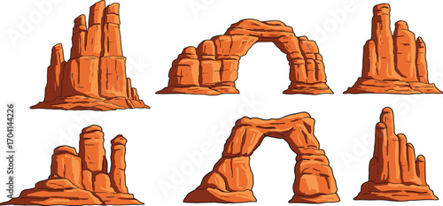 Desert canyon rock formations, natural sandstone cliffs, mountain arches, wild west scenery, red rock structures in vector illustration style for nature landscapes