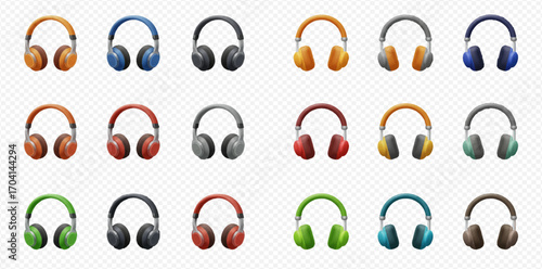 Fifteen colorful headphones arranged in a grid pattern against a transparent background.