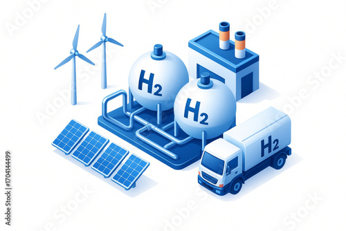 Isometric Vector Illustration of Hydrogen Energy Plant with H2 Tanks, Solar Panels, Wind Turbines, and Hydrogen Truck on White Background
