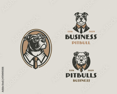 gentle big pit bull boss wearing suit and tie logo template