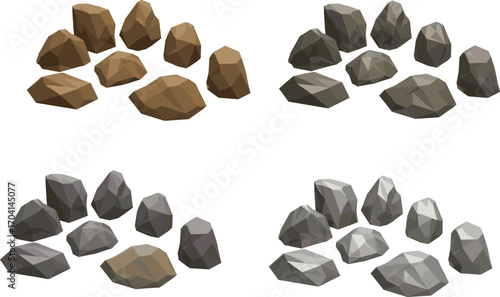 Low poly stone and rock set, different colors and shapes, 3D isometric vector elements for game design, nature, and landscape illustration