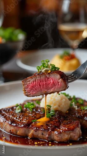 Juicy steak slice with sauce and accompaniments on white plate  