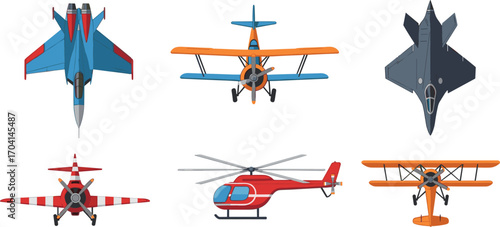 Top view illustration of vintage airplanes, modern jets, and helicopter, aviation concept design, military and civil aircraft vector set