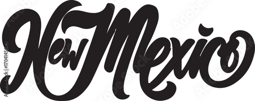 New Mexico with modern culture icon calligraphy style by wave style bold elements in silhouette white background.