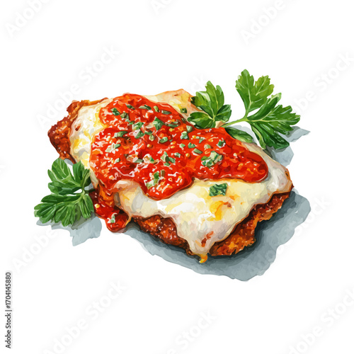 Chicken Parmigiana, watercolor painting vector, isolated on a white background.