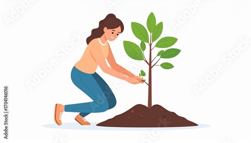 Woman Planting a Small Tree in the Ground.