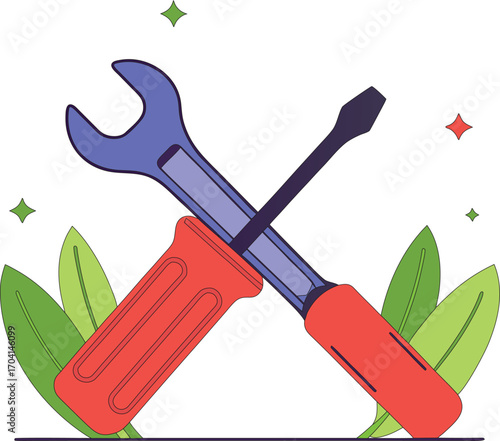 Crossed wrench and screwdriver with green leaves and stars