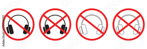No Headphones Allowed Sign – Prohibition Symbol with Crossed Out Headphone Icon in Flat Vector