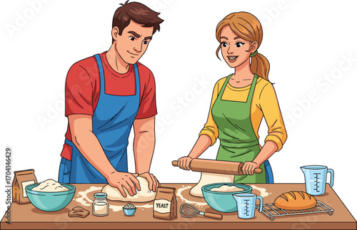 Happy couple baking bread together in kitchen, man kneading dough, woman rolling dough with rolling pin, cooking ingredients, teamwork, flat vector illustration