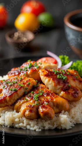 Grilled chicken served on rice with garnishes and fresh vegetables  