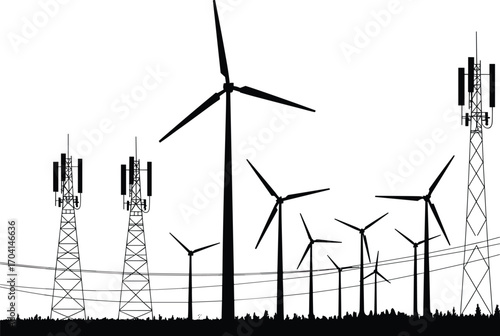 Vector illustration of wind turbines, power lines, and communication towers in silhouette style, ideal for clean energy, telecom, and infrastructure design themes.
