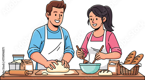 Happy couple baking bread together in kitchen, man kneading dough, woman mixing ingredients in bowl, smiling, teamwork, cooking, flat vector illustration