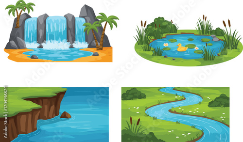 Vector illustration set of natural water landscapes, including waterfall, river, pond, and lake, for environmental, educational, and nature-themed design concepts.