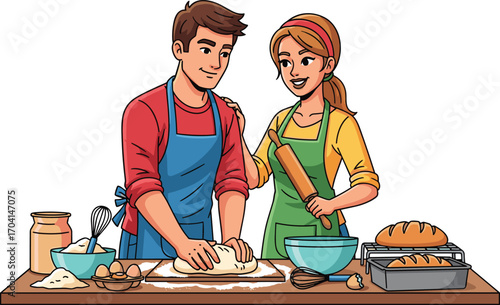 Happy couple baking bread together in the kitchen, man kneading dough, woman holding rolling pin, smiling, teamwork, cooking, flat vector illustration