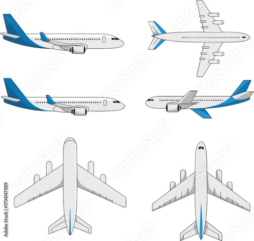Set of vector airplane illustrations showing various aircraft designs and perspectives, perfect for travel, aviation, and commercial airline graphics