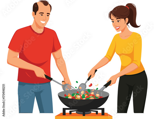 Smiling couple cooking together in kitchen, stir-frying vegetables in wok pan, healthy meal preparation, teamwork, happy lifestyle, cooking activity, flat vector illustration