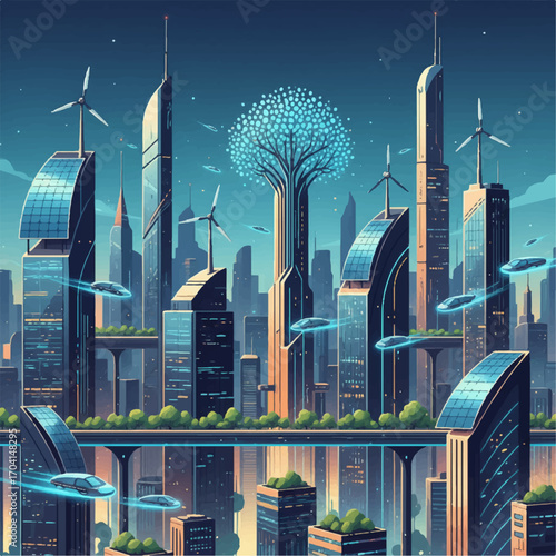 Futuristic vector illustration of smart eco city with advanced technology architecture and renewable energy