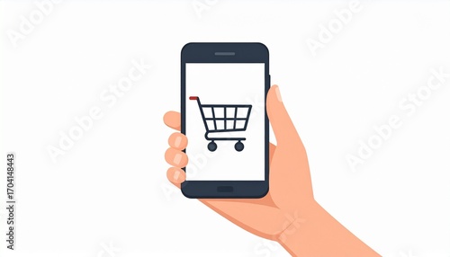 Hand Holding Smartphone Displaying Shopping Cart Icon for Online Shopping.