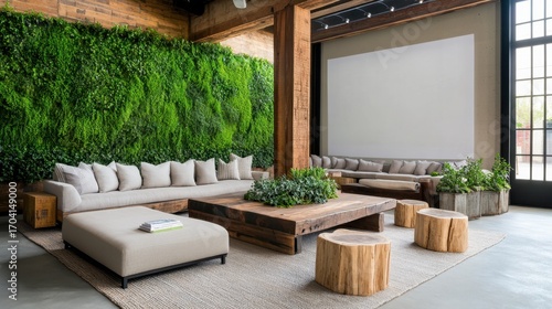 Rustic-meets-modern living room with natural greenery and a full wall for projection