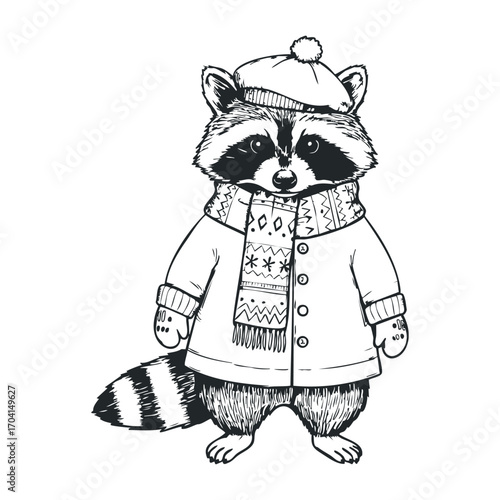Charming raccoon in winter attire outdoor setting illustration playful environment view whimsical concept. Vector illustration