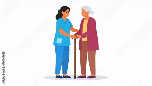 Caring Nurse Assists Elderly Woman with Walking Cane.