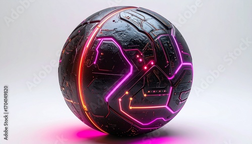 A leather World Cup soccer ball embossed with futuristic neon circuitry patterns, isolated on white backdrop