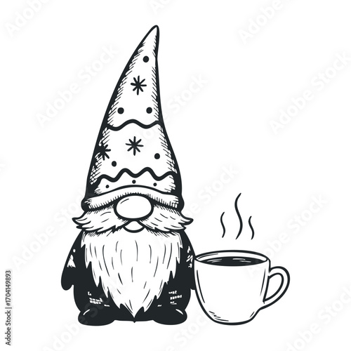 Cheerful gnome enjoying coffee in cozy living room illustrative art whimsical environment front view relaxation concept. Vector illustration