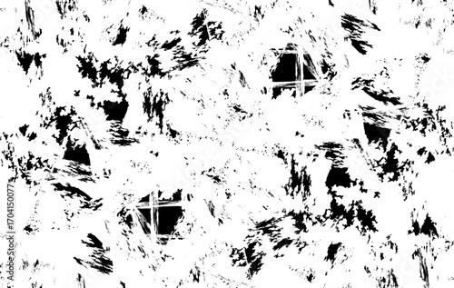 Abstract grunge texture combines distressed brush strokes, scratch effects, and ink splatter to create a high contrast monochrome design. Ideal for backgrounds, graphic design, posters, album covers.