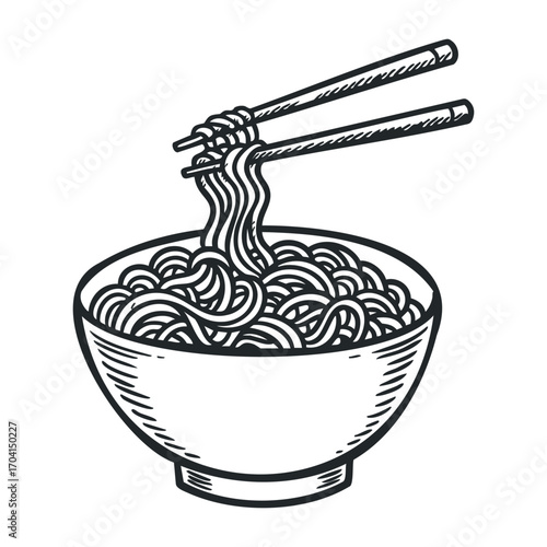 Delicious noodles served in a bowl with chopsticks asian cuisine food art minimalist style view. Vector illustration