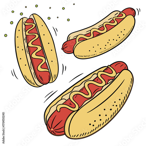 Three cartoon hot dogs with mustard and ketchup on a white background sausage bread