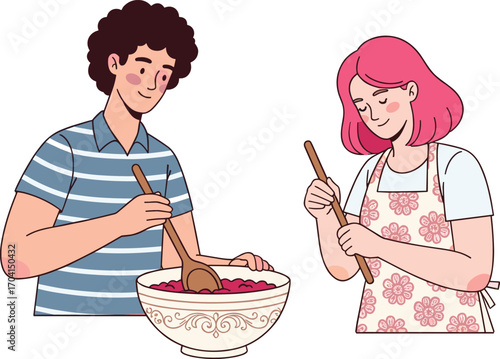 Young couple cooking together in kitchen, stirring bowl with wooden spoons, happy smiling people, homemade food preparation, teamwork, flat vector illustration